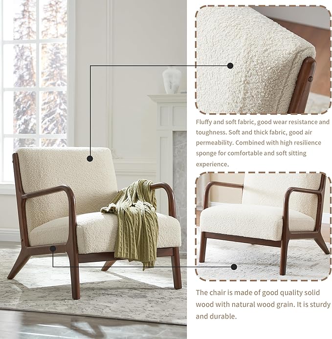 Accent Chair Living Room Chair Lambswool Accent Chair With Arms Chairs For Bedroom,Office,Apartment,Chairs Reading White Wood