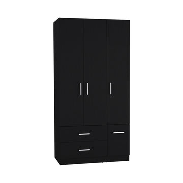 Armoire Wardrove 71", 4 Doors, Hanging Rod, 3 Cabinets, 6 Shelves, Black Black Solid Wood Mdf Engineered Wood