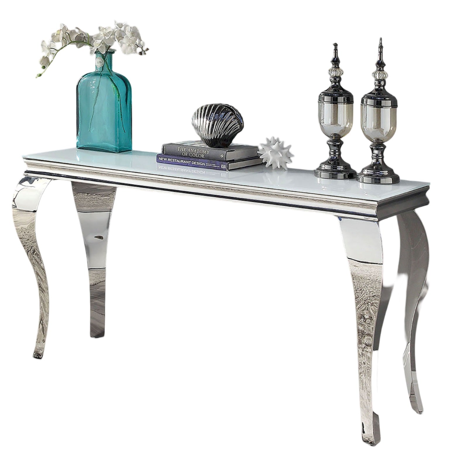 Glam Contemporary 1Pc Sofa Table White Glass Top Silver Color Table Living Room Stainless Steel Cabriole Style Legs Silver,White Primary Living Space Classic,Modern,Transitional Console Tables Rectangular Glass,Stainless Steel