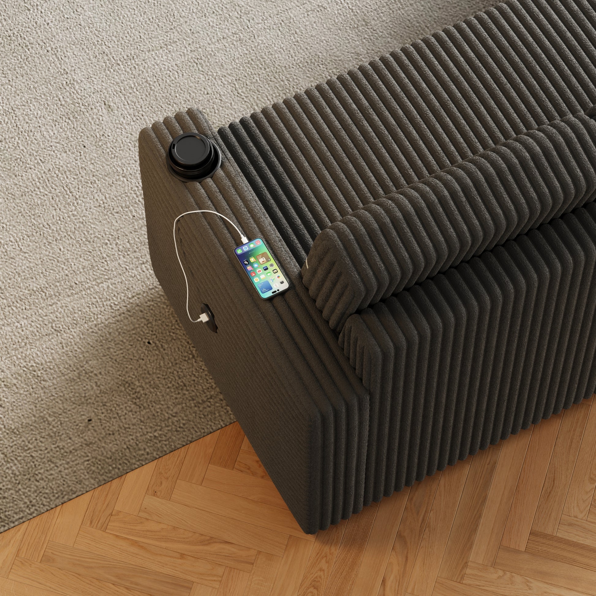 85 Inches Corduroy Sofa Bed, 3 Seater Sleeper Sofa With Storage Chaise, Square Handrail With Two Cup Holder And Usb Charge Port, Pull Out Couch For Living Room Dark Grey Corduroy 3 Seat