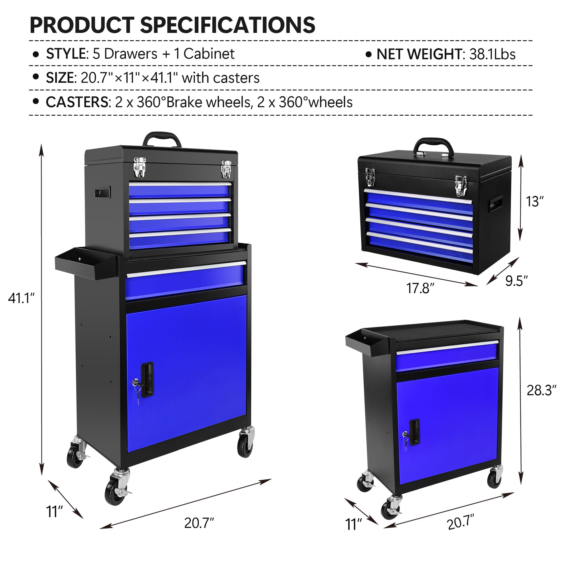 5 Drawer Rolling Tool Chest, High Capacity Tool Storage Cabinet W Lockable Wheels, Anti Slip Liner, Detachable Tool Box Organizer, Rolling Tool Cabinet Black Blue Steel