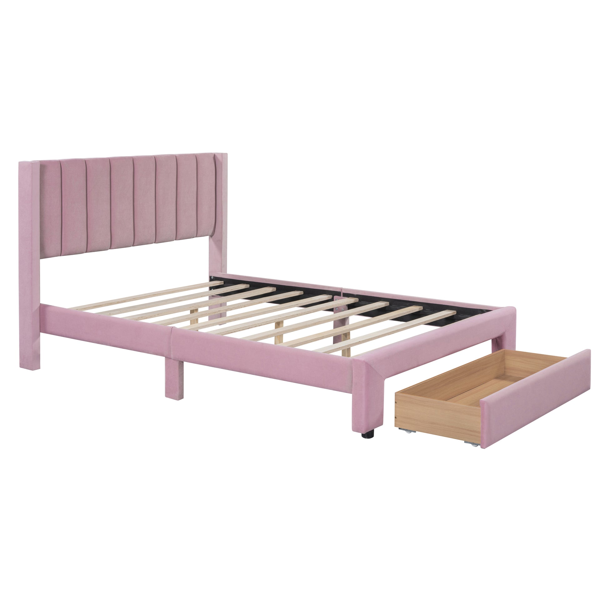 Full Size Storage Bed Velvet Upholstered Platform Bed With A Big Drawer Pink Old Sku:Wf296850Aah Full Pink Velvet