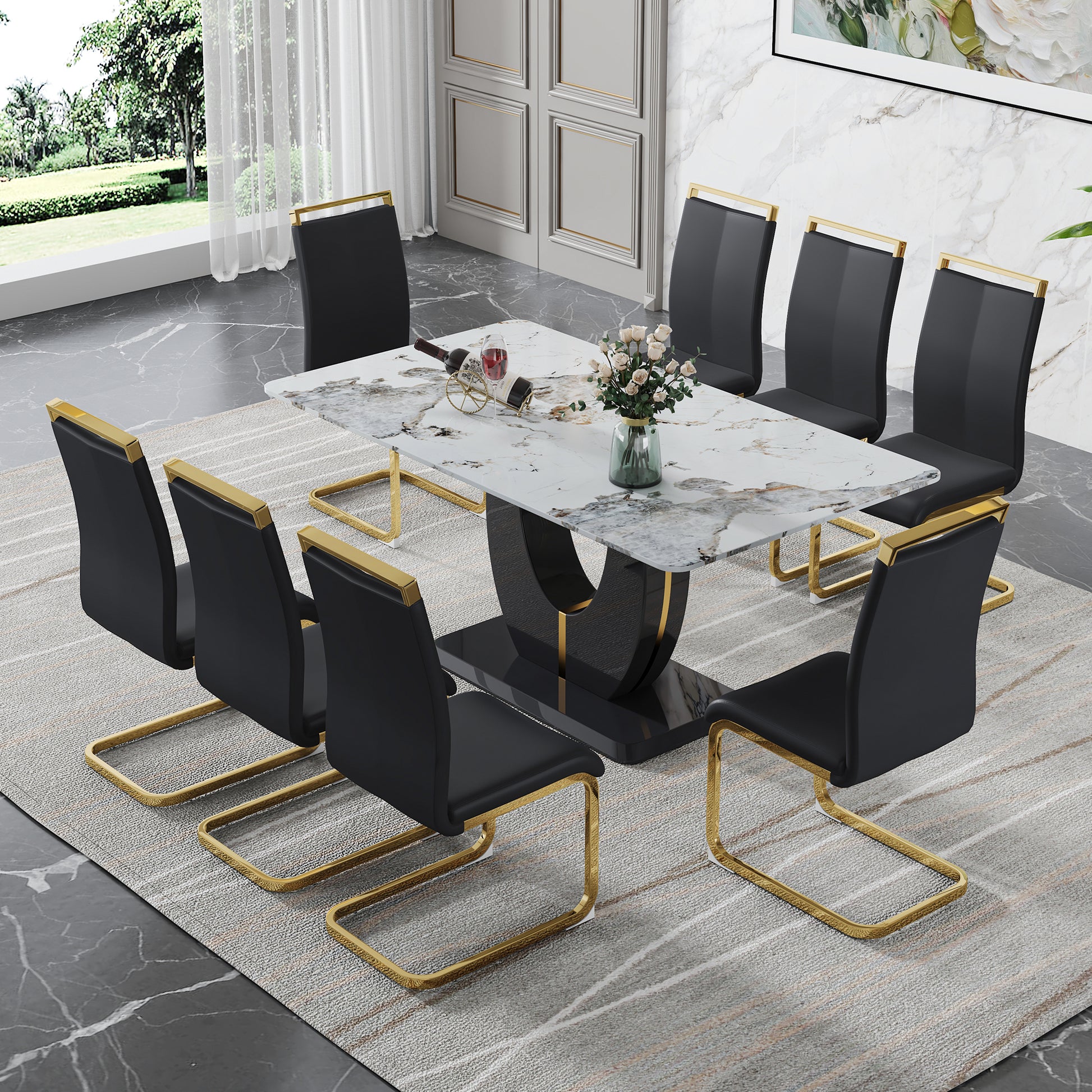 Table And Chair Set, Modern Dining Table, Patterned Table Top And Black Mdf Table Leg, Soft And Comfortable Dining Chair, Perfect For Dinner, Meetings, Home And Office Decor Black Mdf Glass