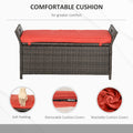 Outsunny 27 Gallon Patio Wicker Storage Bench, Outdoor Pe Rattan Patio Furniture, 2 In 1 Large Capacity Rectangle Garden Storage Box With Handles And Cushion, Red Red Steel
