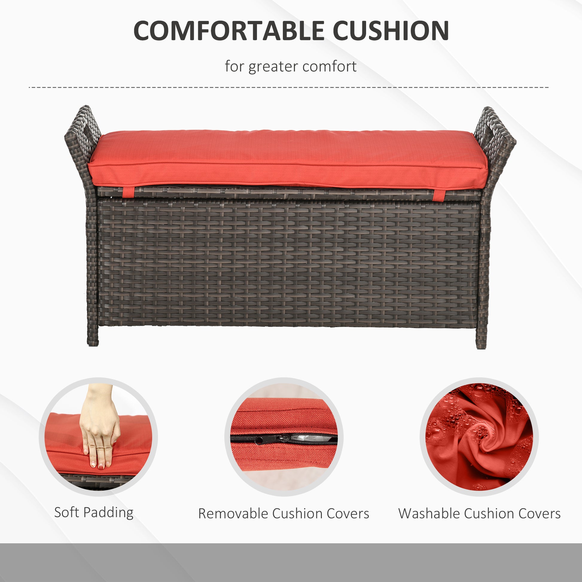 Outsunny 27 Gallon Patio Wicker Storage Bench, Outdoor Pe Rattan Patio Furniture, 2 In 1 Large Capacity Rectangle Garden Storage Box With Handles And Cushion, Red Red Steel