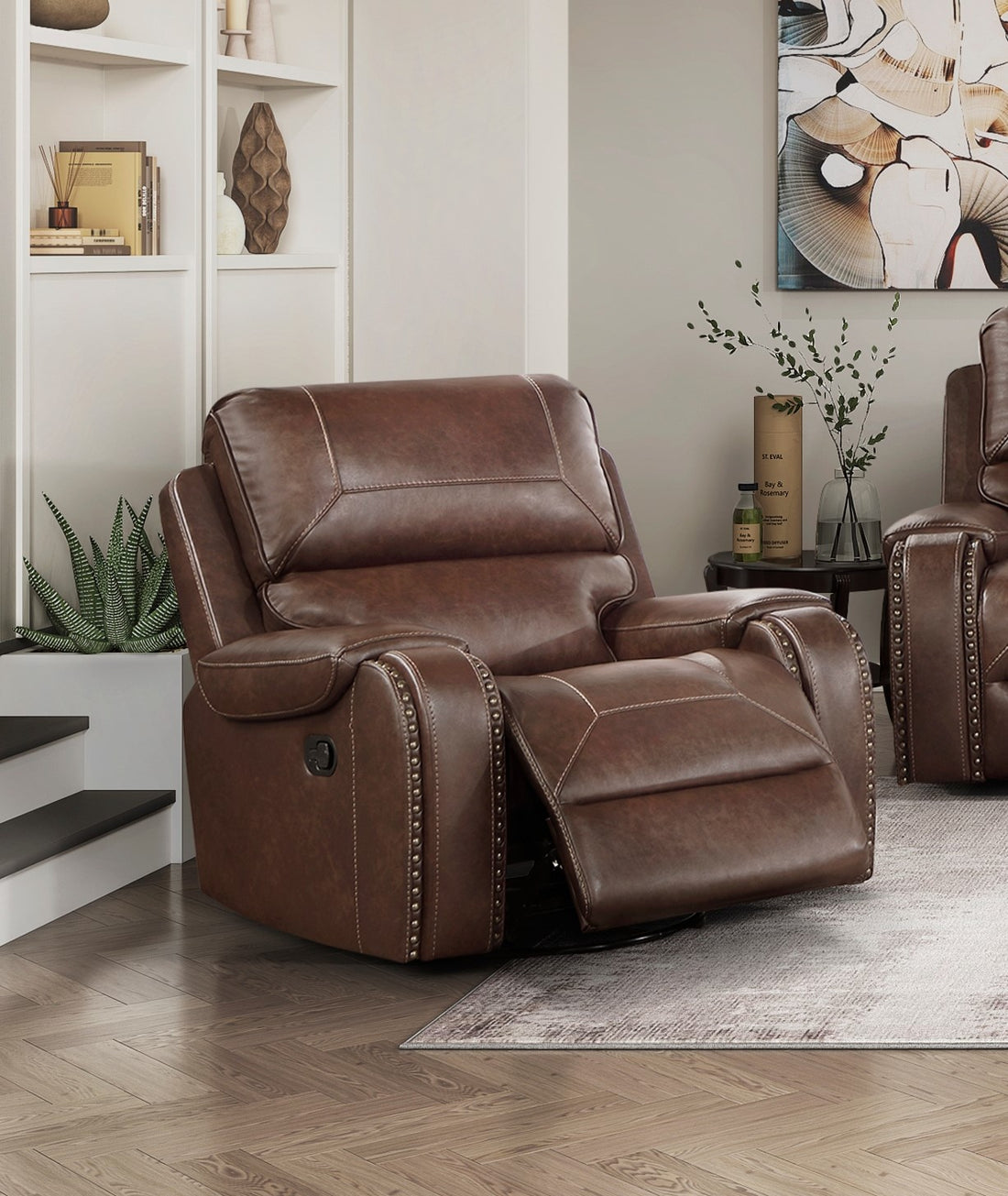 Comfortable Reclining Sofa 3Pc Set Brown Faux Leather Upholstered Reclining Sofa Loveseat Swivel Reclining Chair Trim, Power Usb Ports, Cupholders, Modern Living Room Furniture Brown Faux Leather Wood Primary Living Space Modern Plywood,Solid Wood 6 Seat