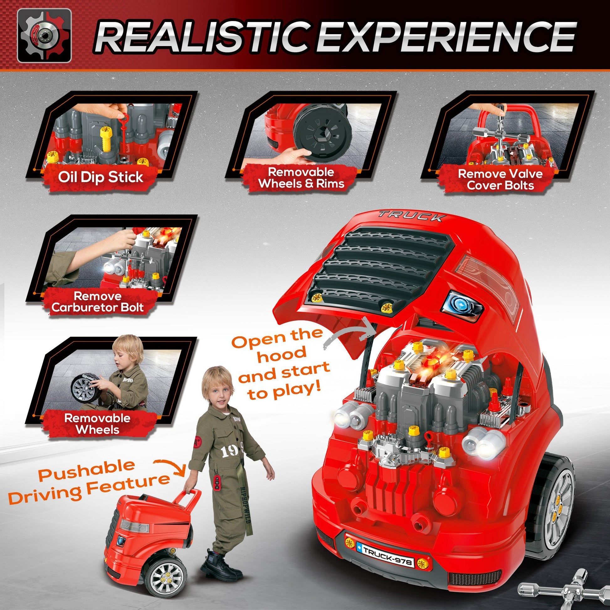 Qaba Kids Truck Engine Toy, Kids Mechanic Car Repair Set, Engine Disassembly Play Workshop, Includes 61 Pieces, Steering Wheel, Horn, Light For 3 5 Years Old, Red Red Abs