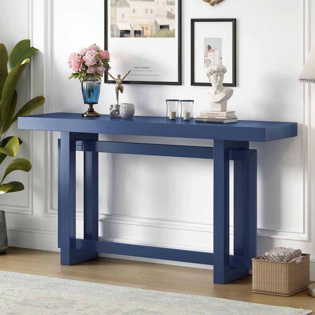 Contemporary Console Table With Wood Top, Extra Long Entryway Table For Entryway, Hallway, Living Room, Foyer, Corridor Navy Blue Solid Wood Mdf