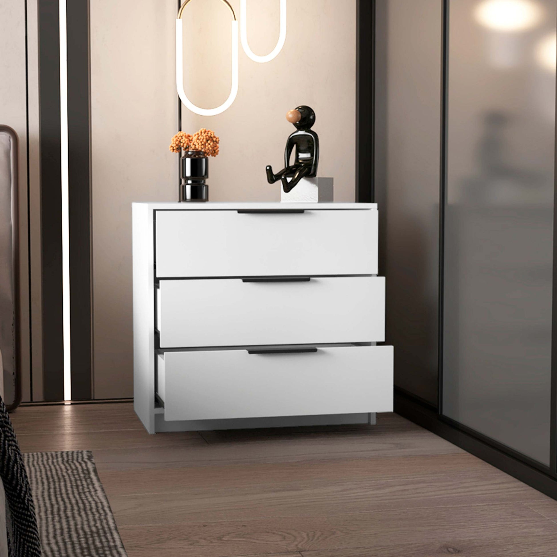 white and black dresser Kova 3-Drawer Rattan Dresser or Bohemian Living Room Storage Cabinet with Textilene Rattan Accent and Metal Legs