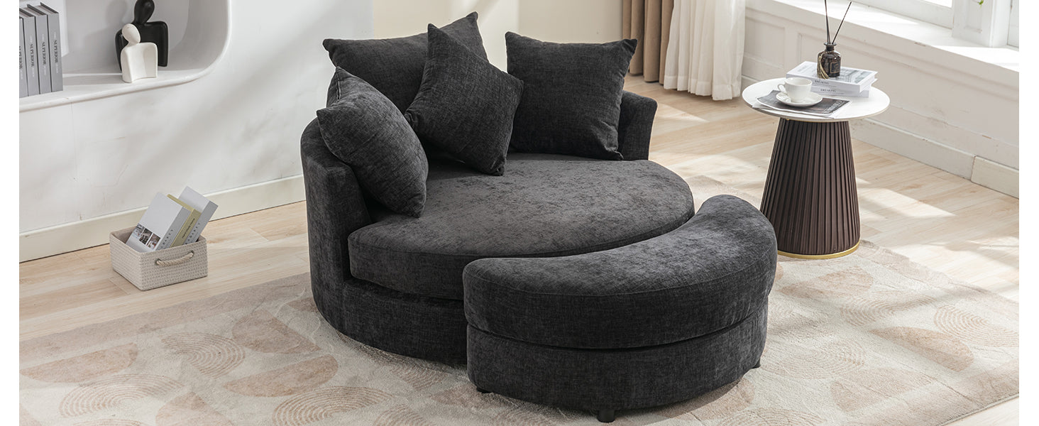 Orisfur. 360 Swivel Accent Barrel Chair With Storage Ottoman & 4 Pillows, Modern Chenille Leisure Chair Round Accent For Living Room, Gray Gray Foam Chenille