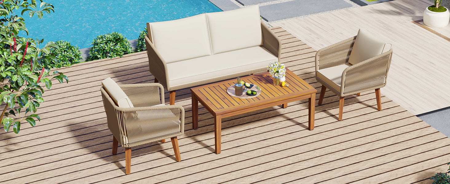 4 Piece Patio Conversation Set, Solid Wood Loveseat, 2 Chairs And Table, Outdoor Conversation Group With Cushions For Backyard, Poolside, Garden Beige Cushion Natural Rope Beige Natural Woven Rope