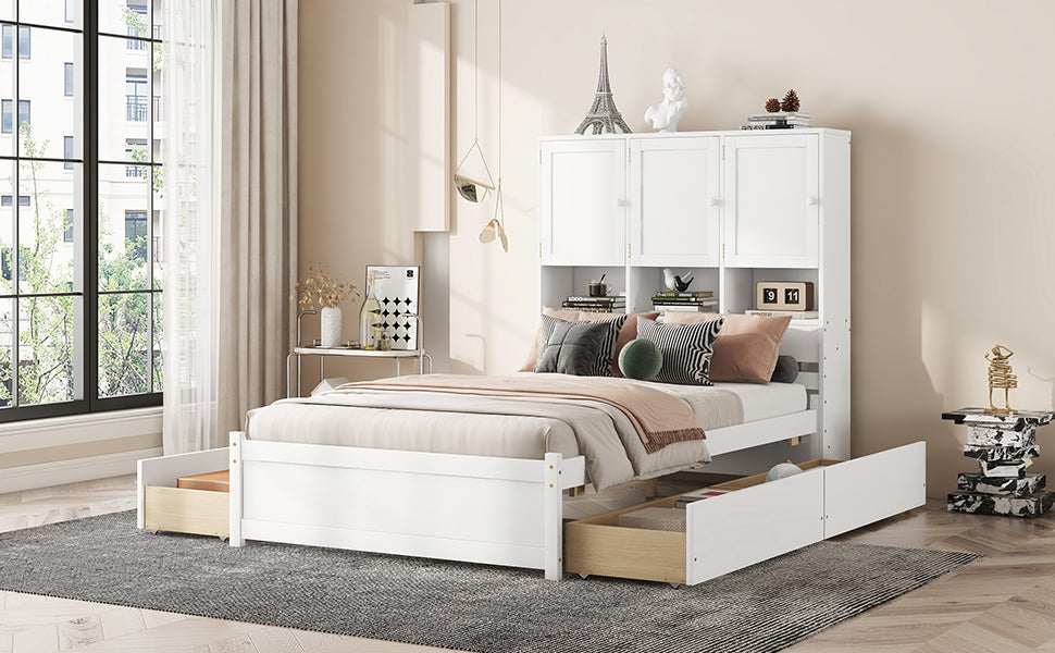 Full Size Platform Bed With Storage Headboard And 4 Drawers, White Box Spring Not Required Full White Wood Bedroom Bed Frame Solid Wood Mdf