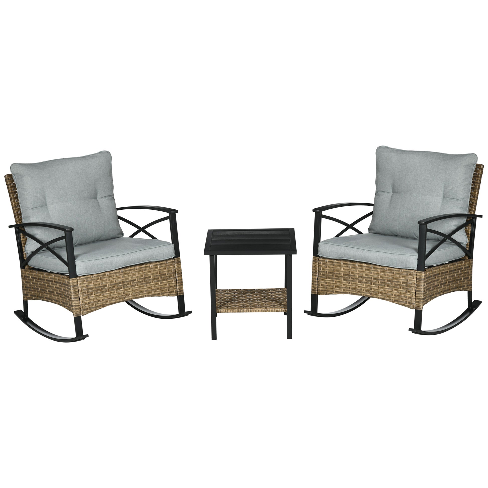Outsunny 3 Piece Patio Rocking Chair Set, Outdoor Wicker Bistro Set With 2 Cushioned Porch Rockers And 2 Tier Coffee Table For Garden, Porch, Backyard, Light Gray Gray Steel