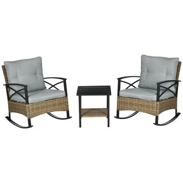 Outsunny 3 Piece Patio Rocking Chair Set, Outdoor Wicker Bistro Set With 2 Cushioned Porch Rockers And 2 Tier Coffee Table For Garden, Porch, Backyard, Light Gray Gray Steel