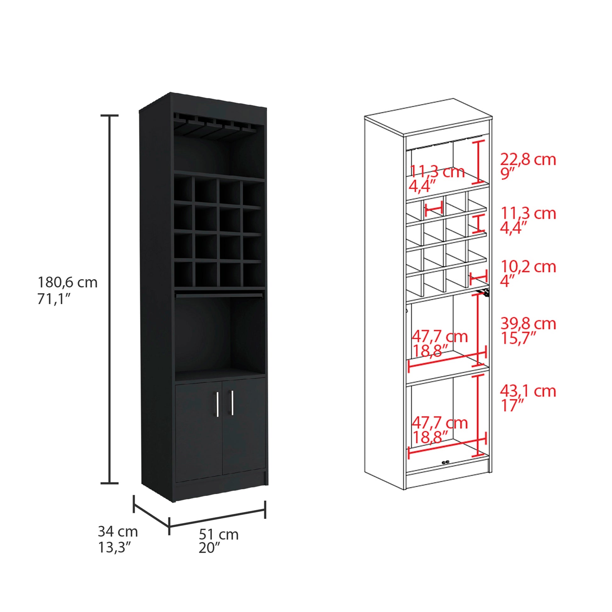 Being Kava Bar Cabinet, Double Door, Two Shelves, Sixteen Built In Wine Rack Black Primary Living Space Modern Open Storage Particle Board