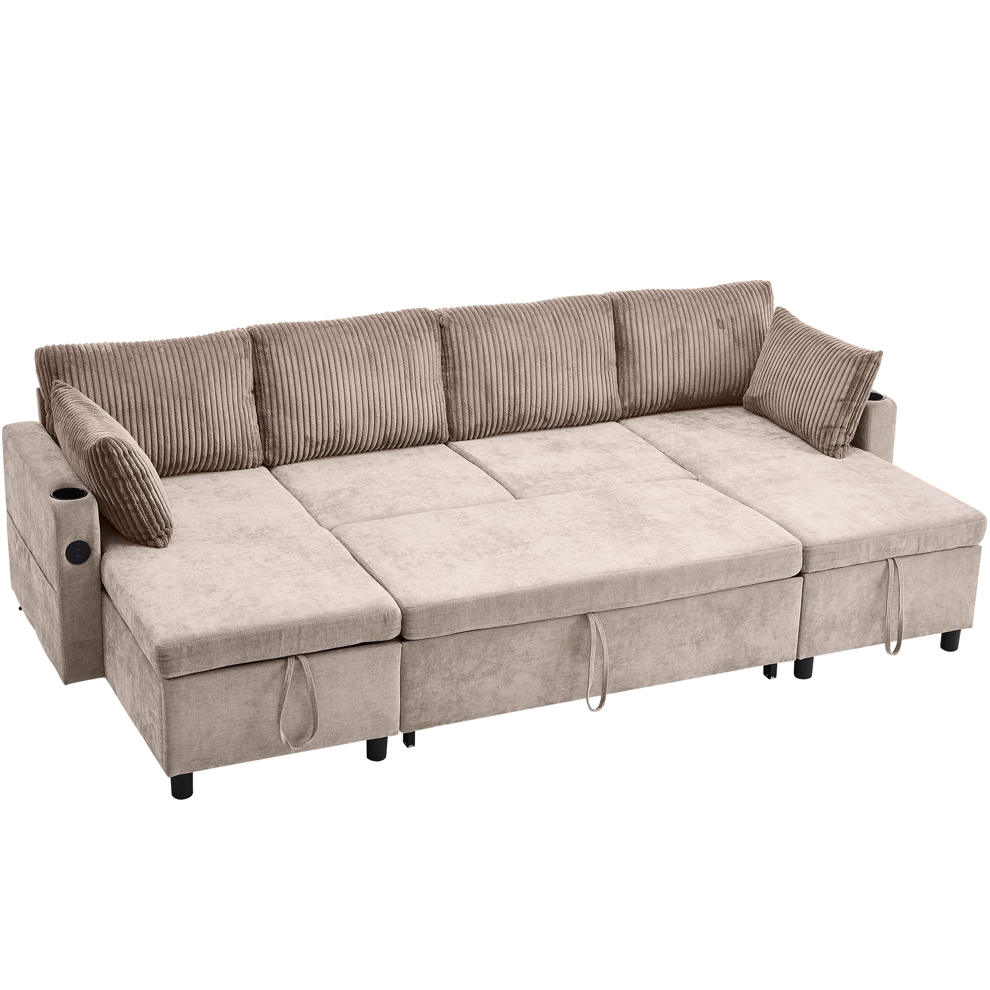 111.8" Sectional Sofa Pull Out Sofa Bed Versatile Sofa Sleeper With Large Storage Space, Two Usb Ports And Two Cup Holders For Living Room, Brown Brown Foam Chenille 4 Seat