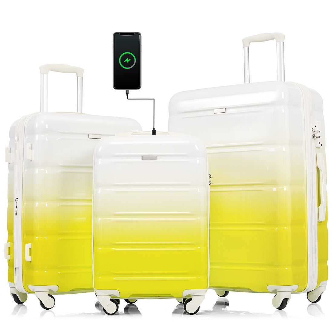 Luggage Set Of 3, 20 Inch With Usb Port, Airline Certified Carry On Luggage With Cup Holder, Abs Pc Hard Shell Luggage With Spinner Wheels, Lemon Yellow, Products In Stock Mid May Yellow Abs Pc