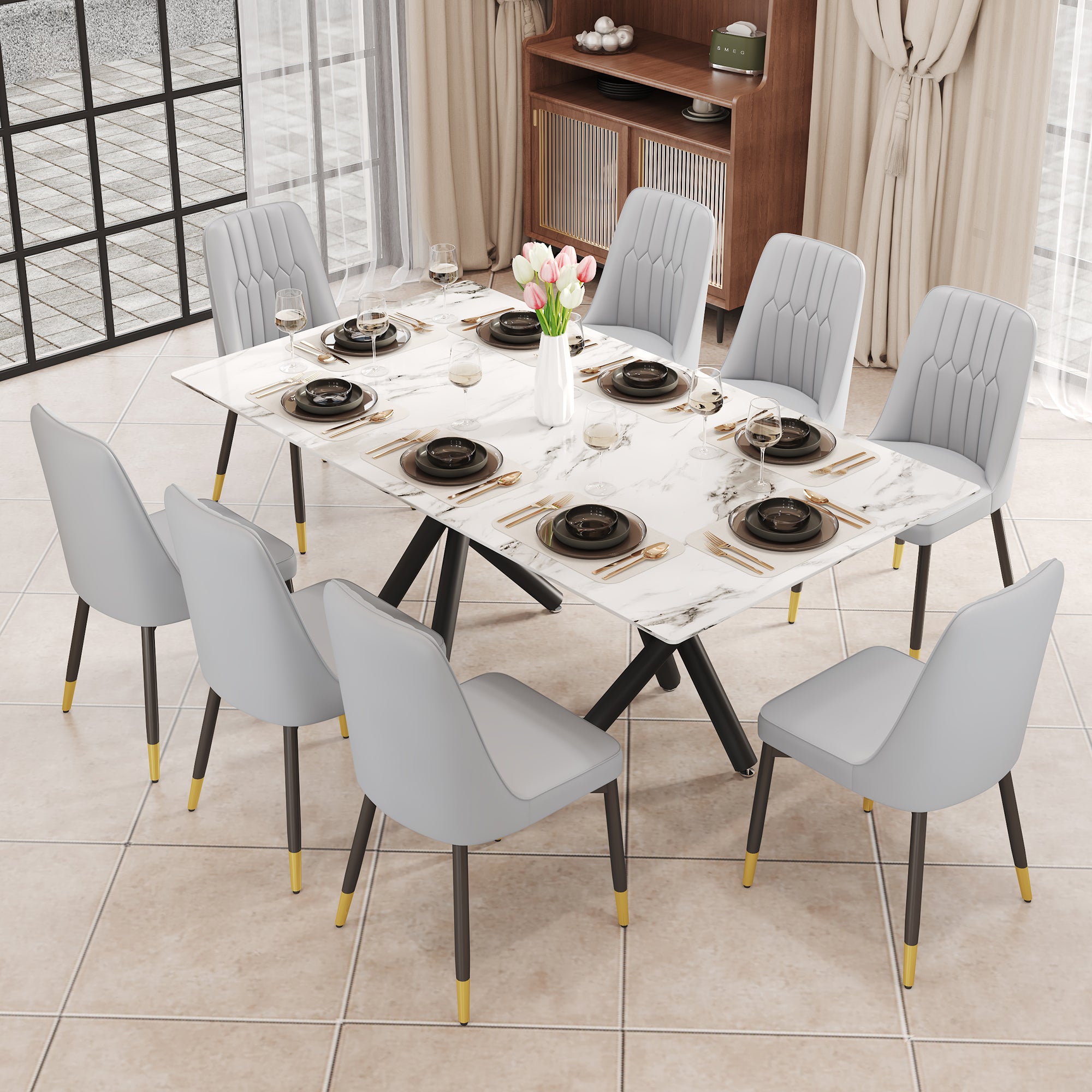 1 Table And 8 Chairs. A Rectangular Dining Table With A White Imitation Marble Tabletop And Black Metal Legs. Paired With 8 Chairs, Equipped With Pu Leather Seat Cushions And Black Metal Legs. F 1538 Grey Glass Metal