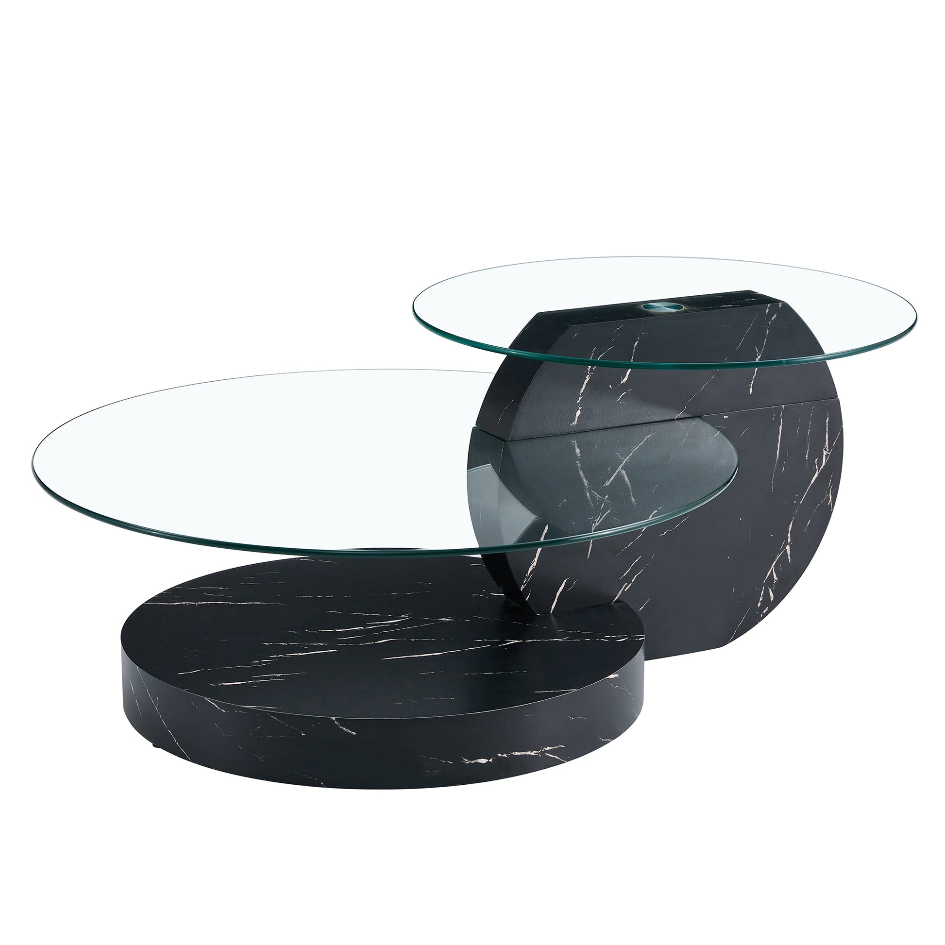 Modern And Practical Double Deck Round Table. Double Storage Space, Made Of Glass Tabletop And Mdf Table Legs. Suitable For Living Room And Bedroom And Dining Room. Black Mdf Glass