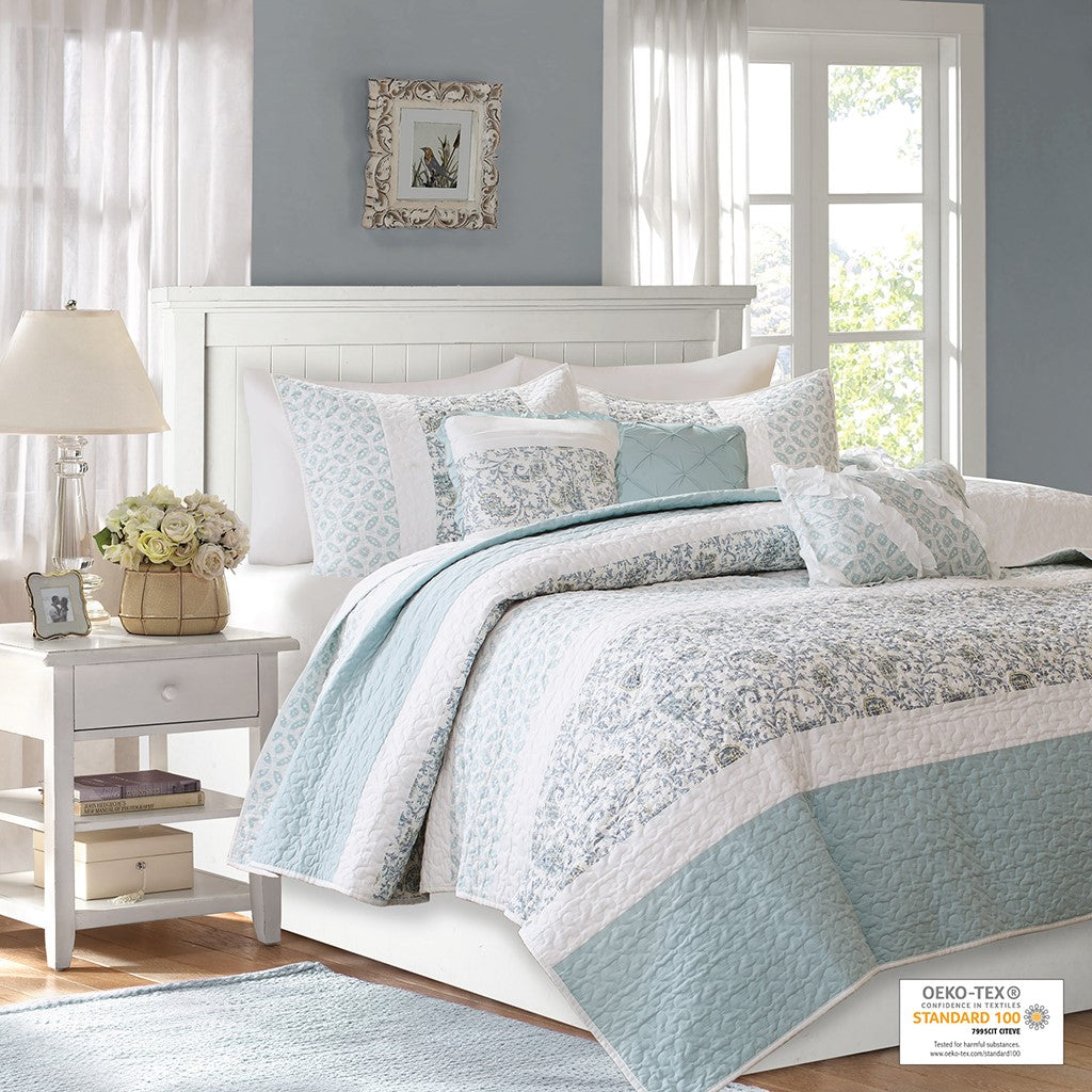 6 Piece Cotton Percale Quilt Set With Throw Pillows Aqua King Cal King King Aqua Polyester