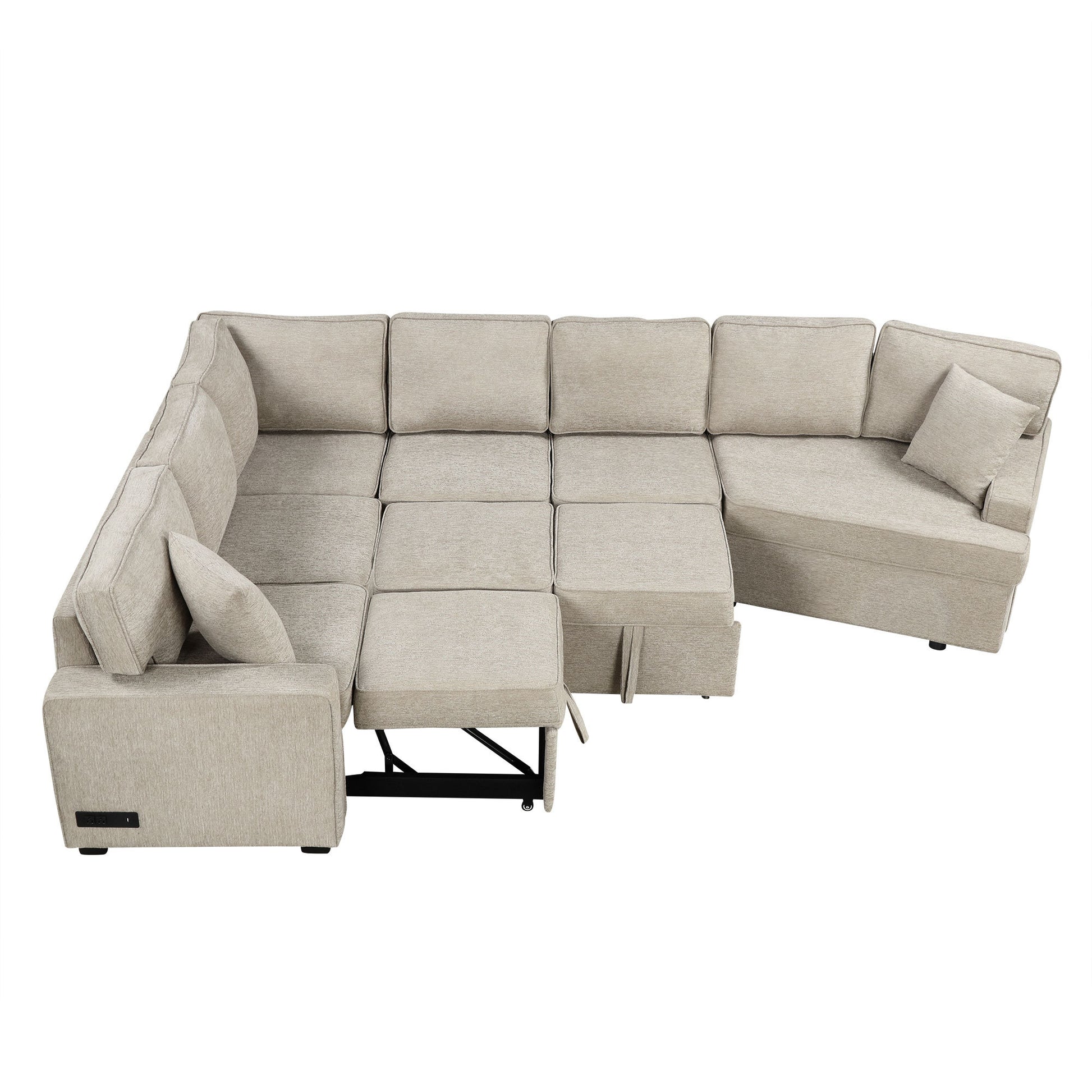 126" L Shaped Sofa Sectional Sofa Couch Pull Out Sofa Bed With Charging Devices And Cup Holders For Living Room, Beige Beige Foam Chenille 6 Seat