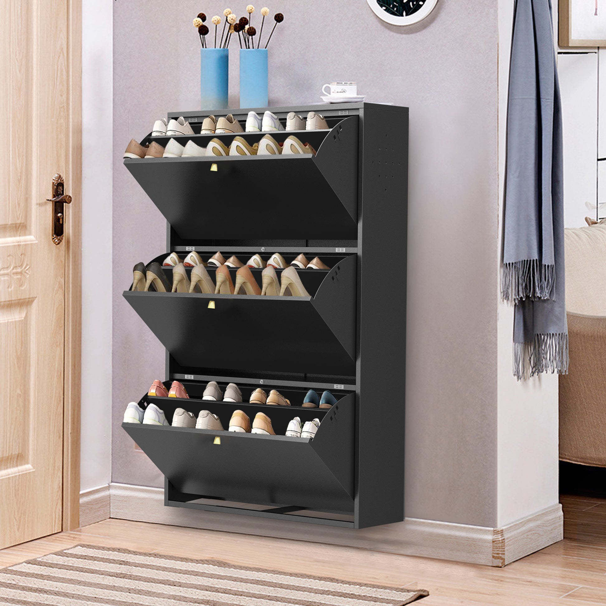 3 Drawer All Steel Shoe Cabinet, Freestanding Shoe Rack Storage Organizer With Flip Door, Modern Tipping Bucket Shoe Cabinet For Entryway, Hallway, Bedroom, Black Requires Assembly Black Steel