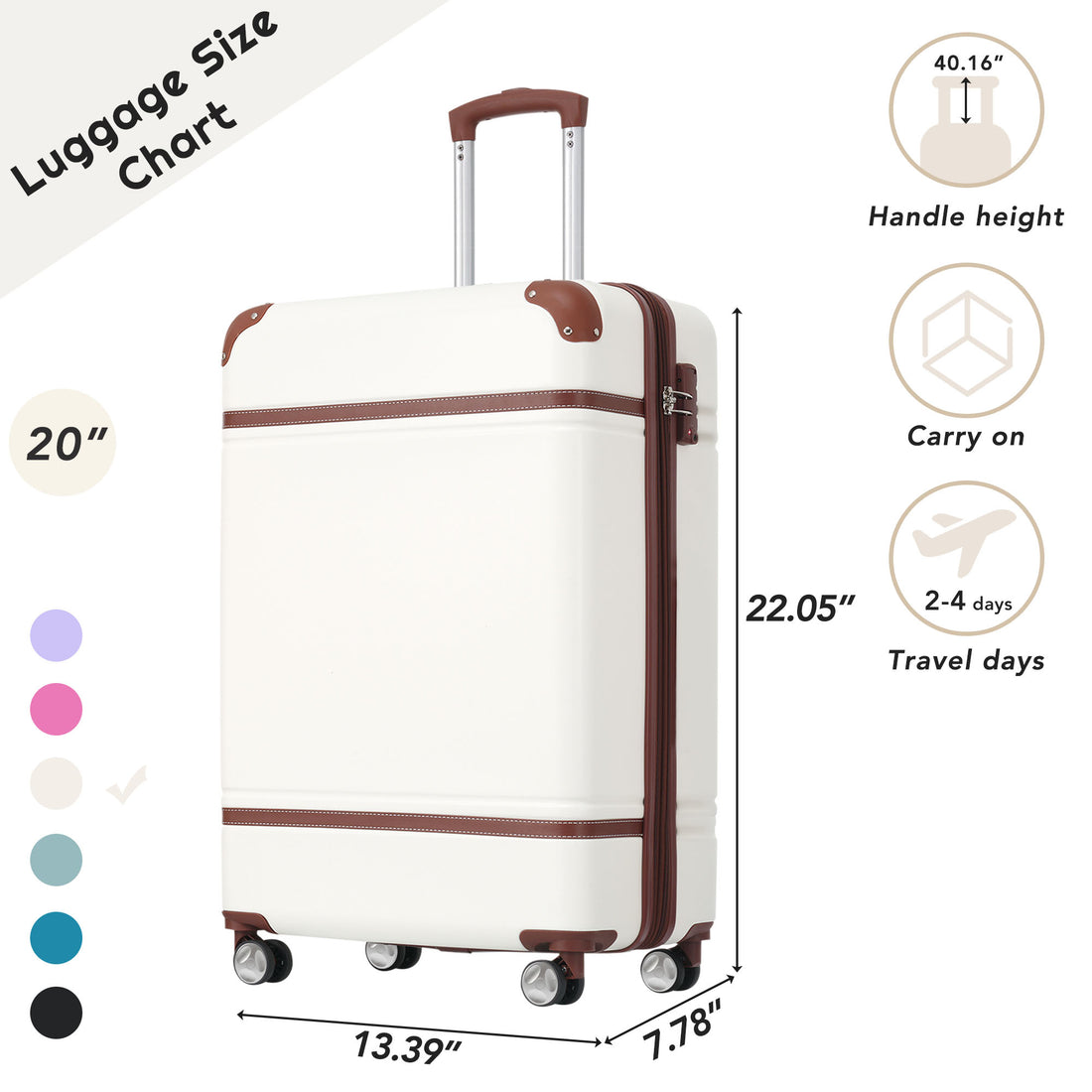 20 In Luggage 1 Piece With Tsa Locklightweight Suitcase Spinner Wheels,Carry On Vintage Luggage,White White Abs