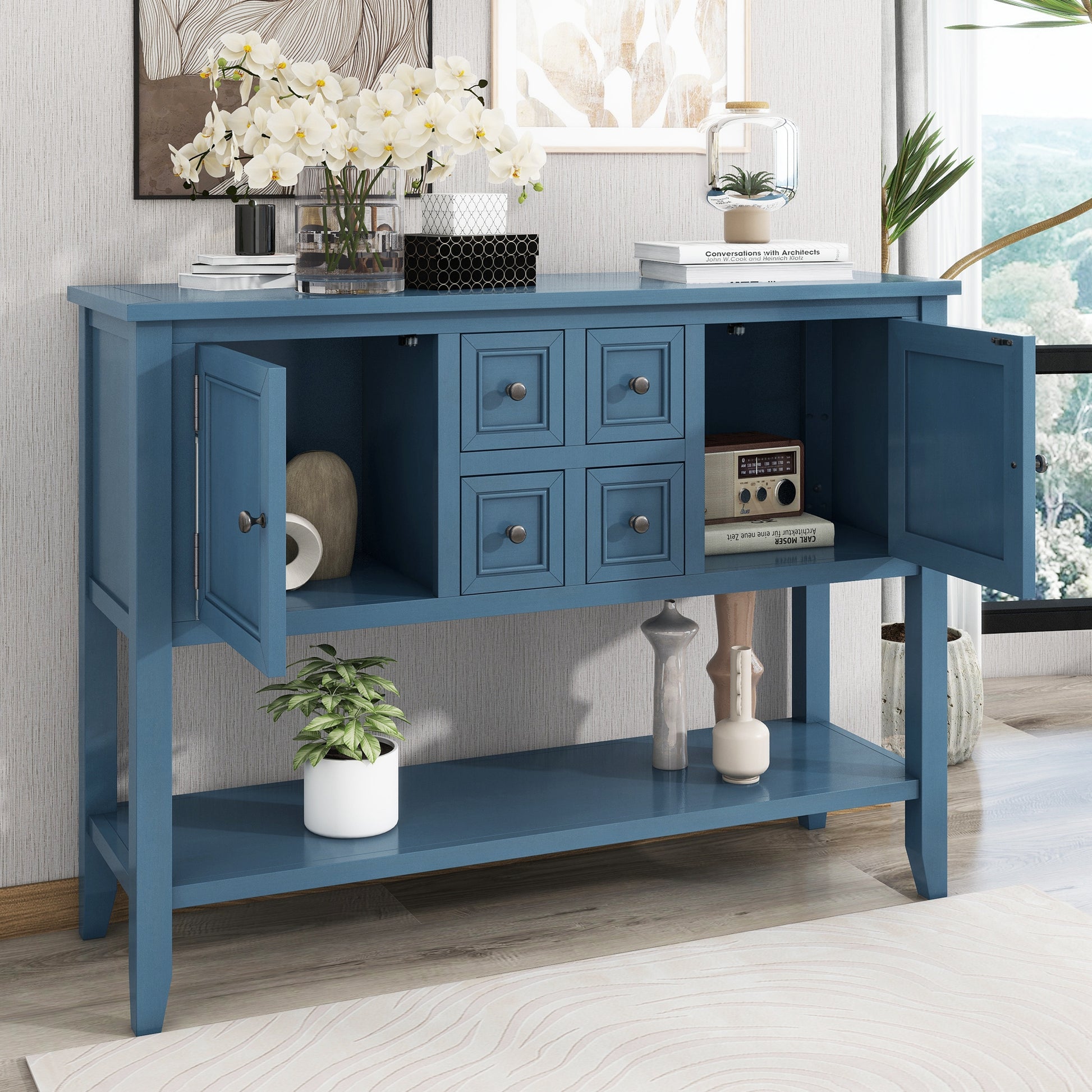 Cambridge Series Large Storage Vintage Console Table With Four Small Drawers And Bottom Shelf For Living Rooms, Entrances And Kitchens Light Navy, Old Sku: Wf190263Aah Light Navy Solid Wood Mdf