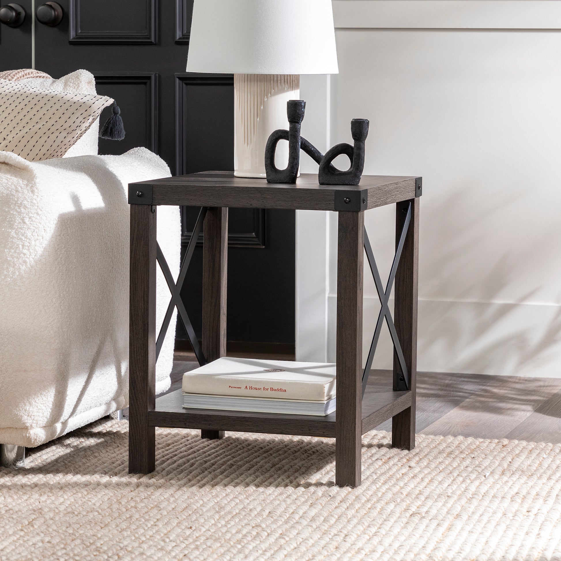 Farmhouse Metal X Accent Table With Lower Shelf Sable Grey Gray Mdf