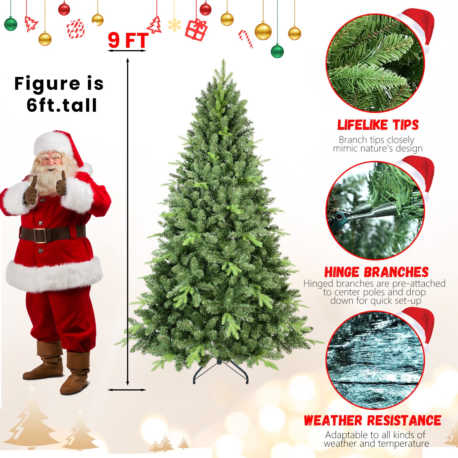 9Ft Artificial Christmas Tree With 3509 Pe&Pvc Mixed Branch Tips, Unlit Hinged Premium Spruce Fake Xmas Trees, Hinged Branch & Foldable Base, Green Green Polyethylene