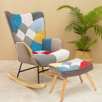Rocking Chair With Ottoman, Mid Century Fabric Rocker Chair With Wood Legs And Patchwork Linen For Livingroom Bedroom Colorful Textile