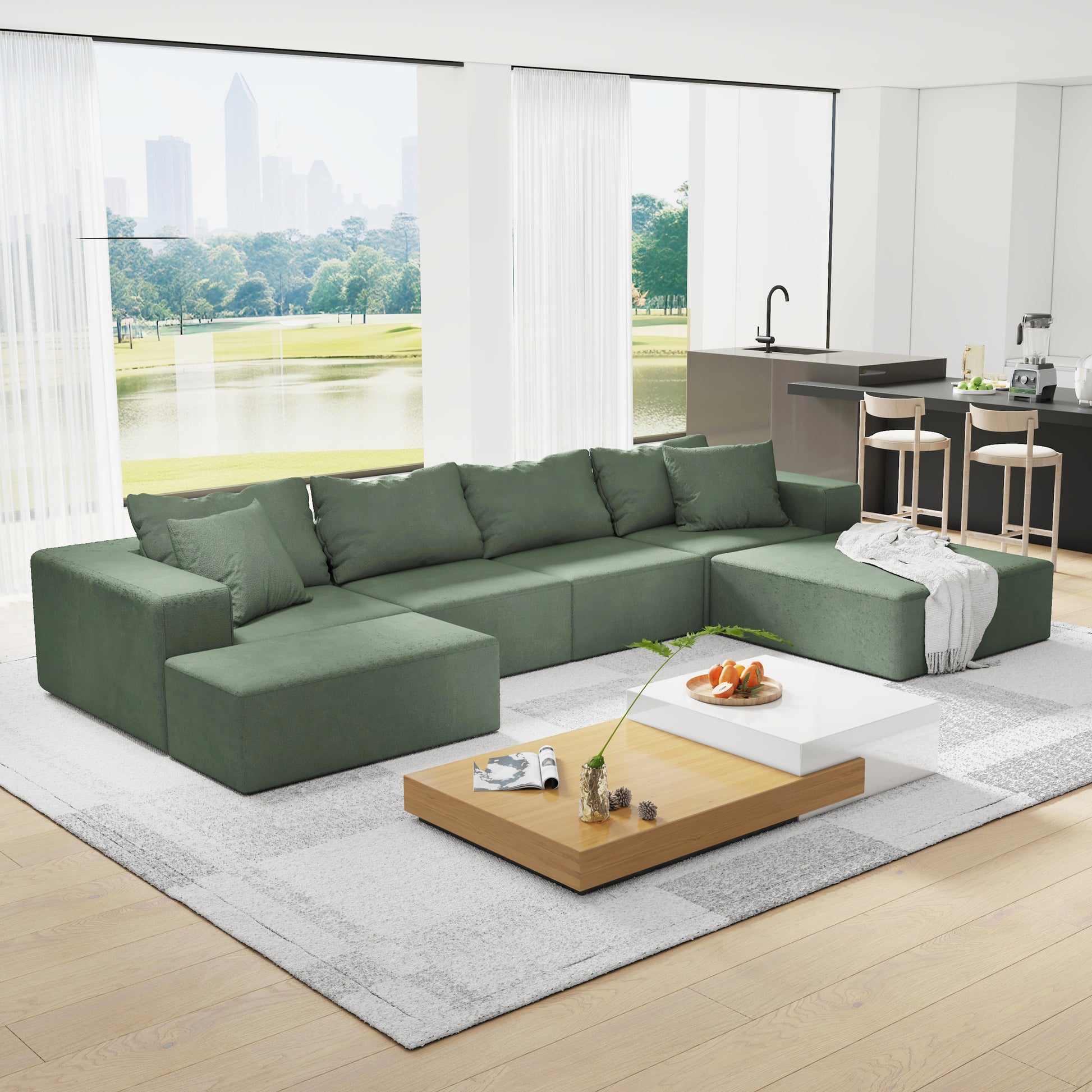 Modern Upholstered Sectional Sofa Couch Set,Modular 132" L Shaped Sectional Living Room Sofa Set With 6 Pillows,Free Combination Sofa Couch For Living Room,Bedroom Green Foam Chenille 6 Seat