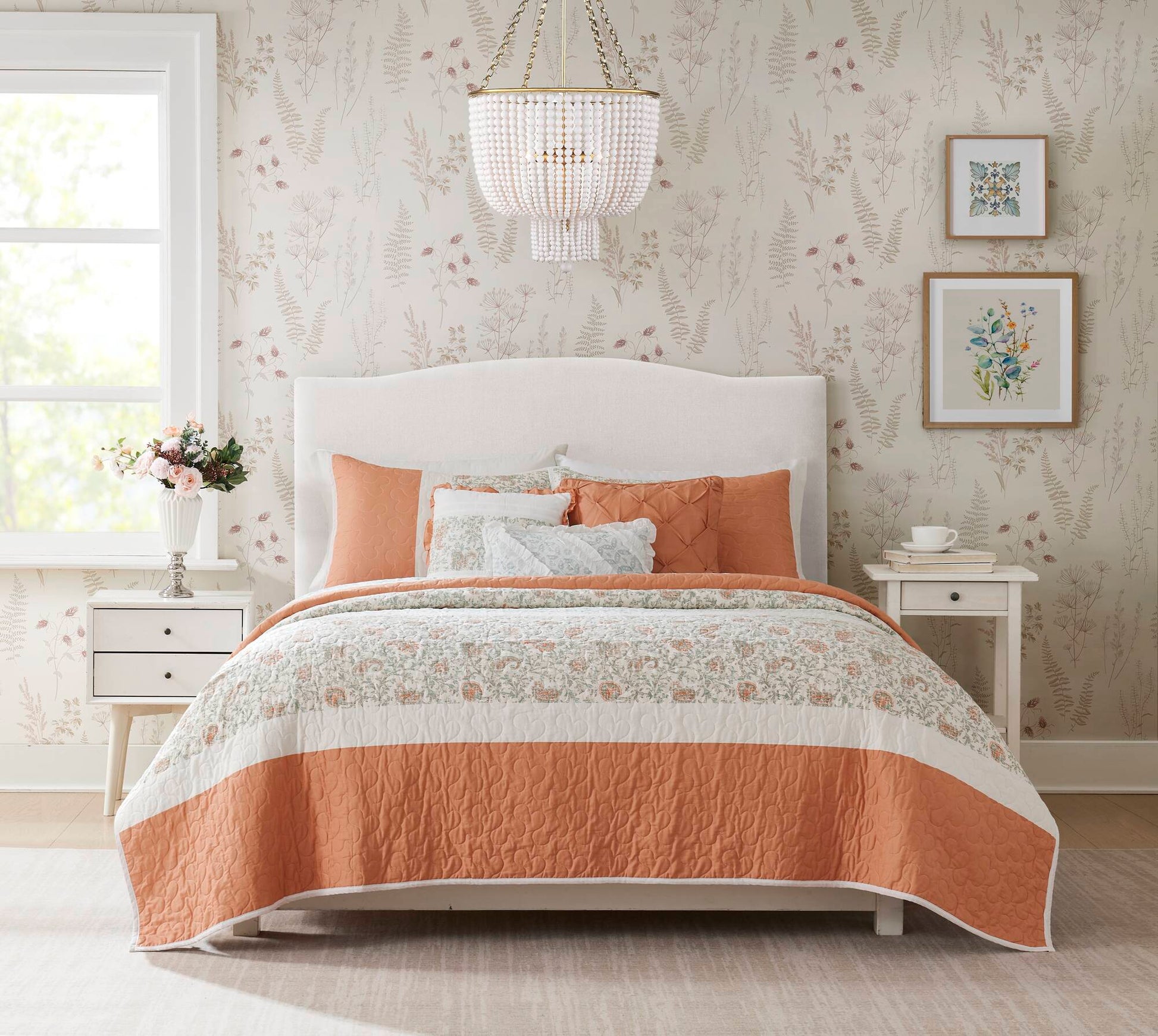 6 Piece Cotton Percale Quilt Set With Throw Pillows Coral Full Queen Full Coral Polyester