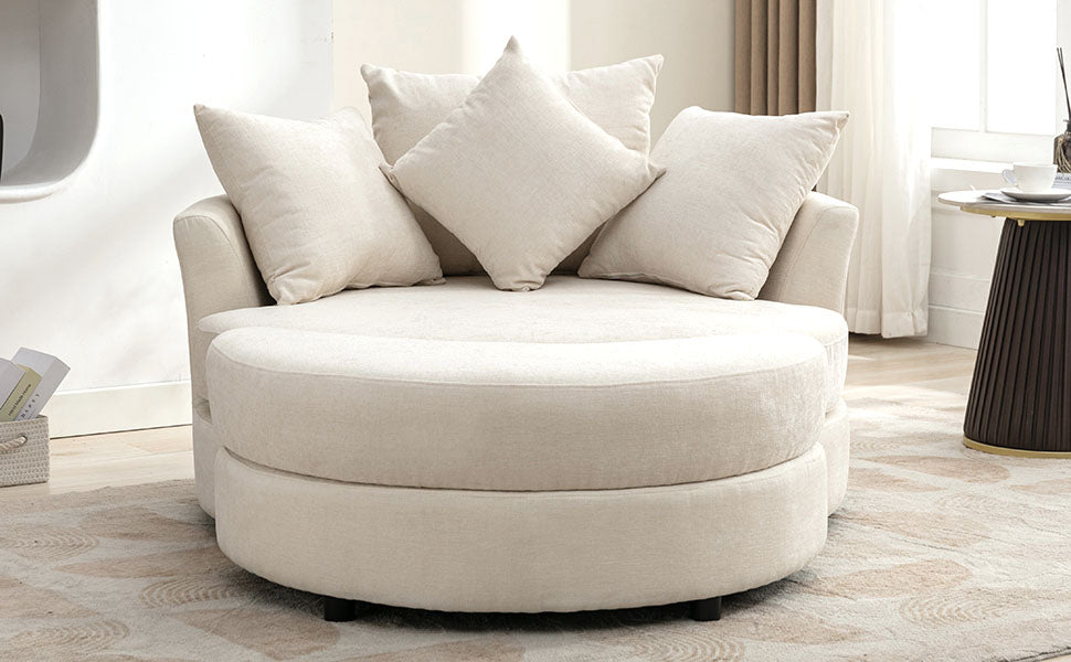 Orisfur. 360 Swivel Accent Barrel Chair With Storage Ottoman & 4 Pillows, Modern Chenille Leisure Chair Round Accent For Living Room, Cream Cream Foam Chenille