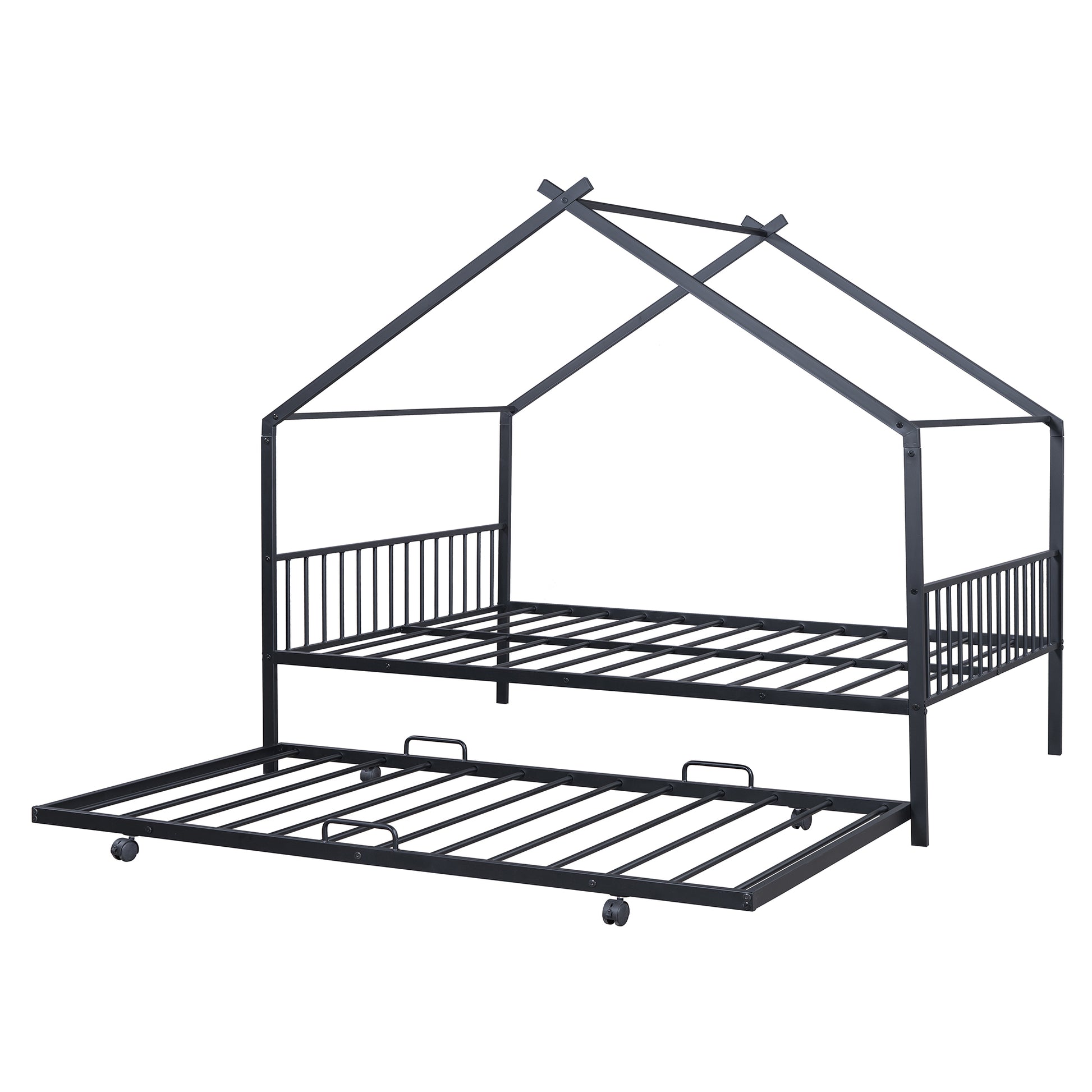 Full Size Metal House Bed With Twin Size Trundle, Black Full Black Metal