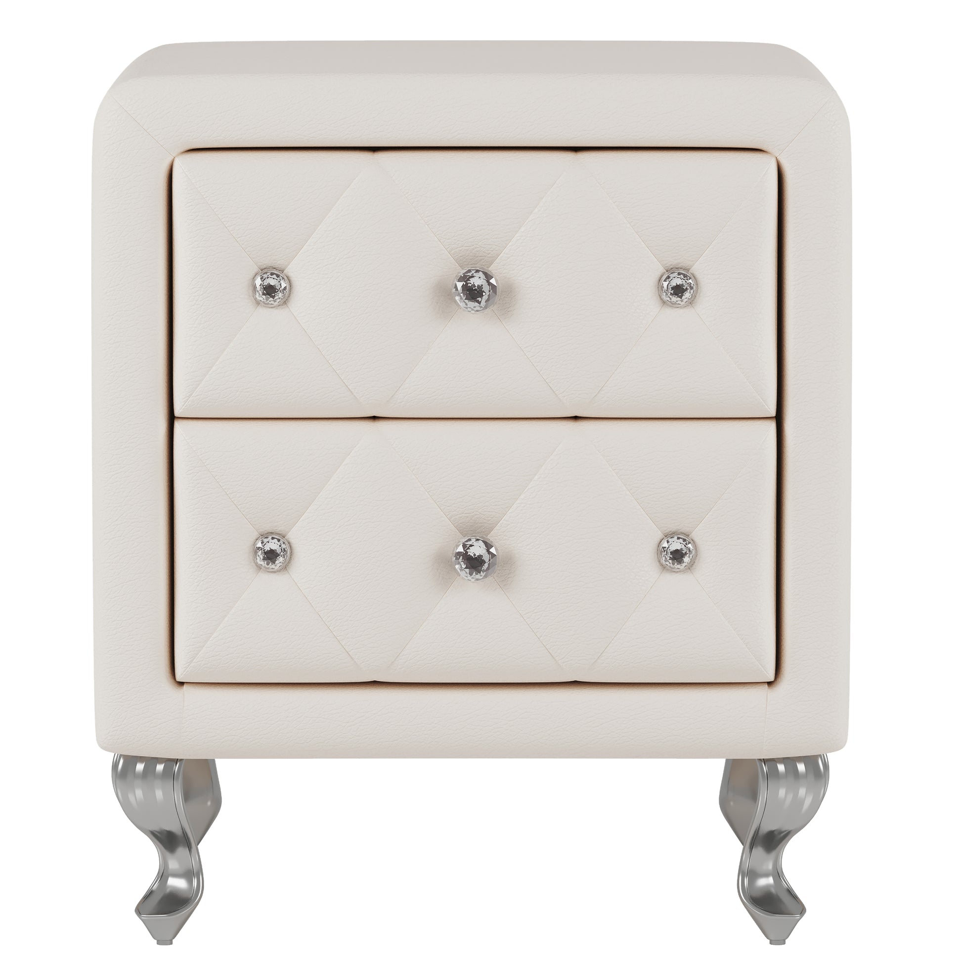 Elegant Pu Nightstand With 2 Drawers And Crystal Handle,Fully Assembled Except Legs&Handles,Storage Bedside Table With Metal Legs White White Pu