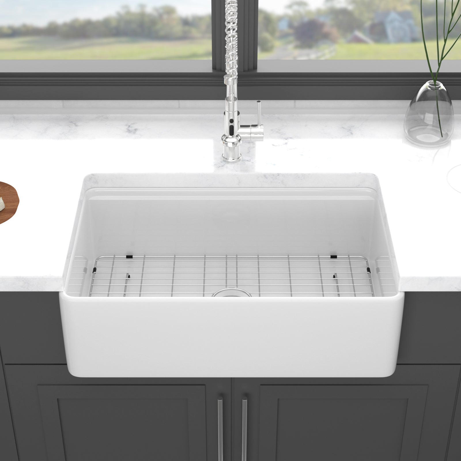 33X20 Inch White Farmhouse Sink Workstation Ceramic Single Bowl Farm Kitchen Sink White Ceramic