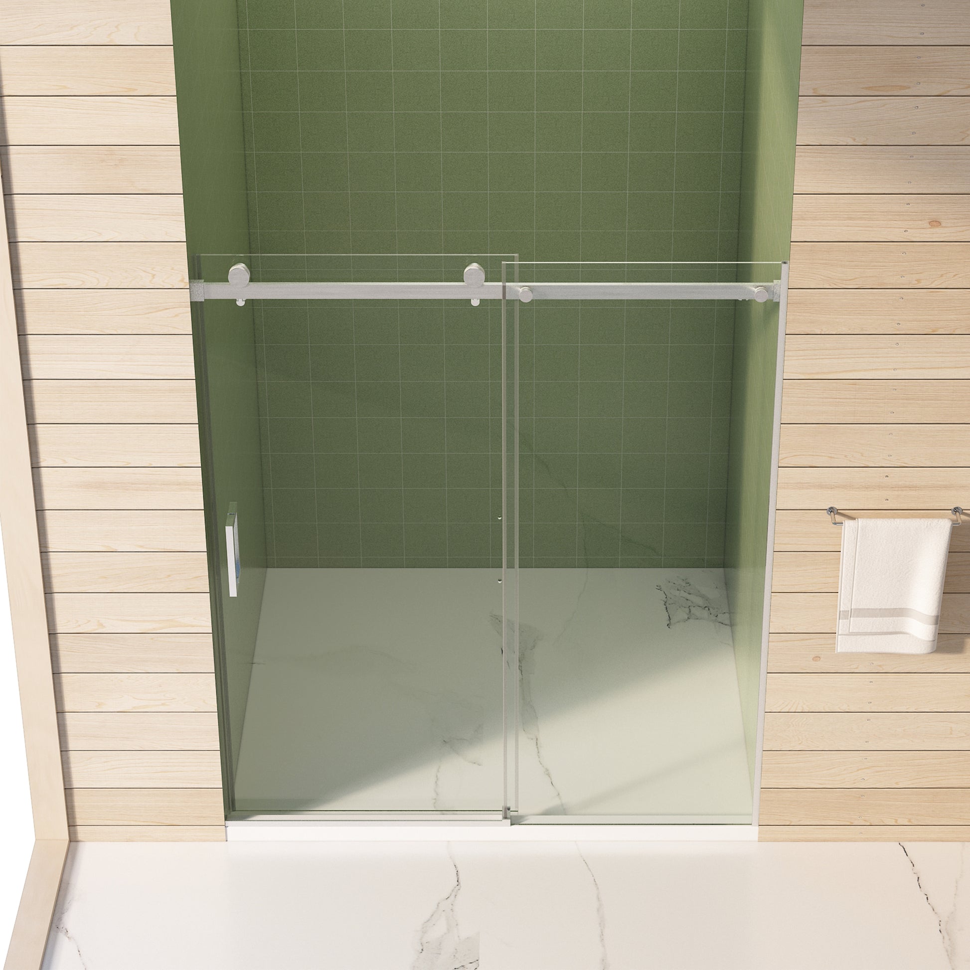 56" 60"W X 70"H Frameless , Sliding , With Premium 5 16" 8Mm Thick Tempered Glass Shower Enclosure,Double Side Easy Clean Coat,Brushed Nickel Finished With Buffer Brushed Nickel Bathroom American