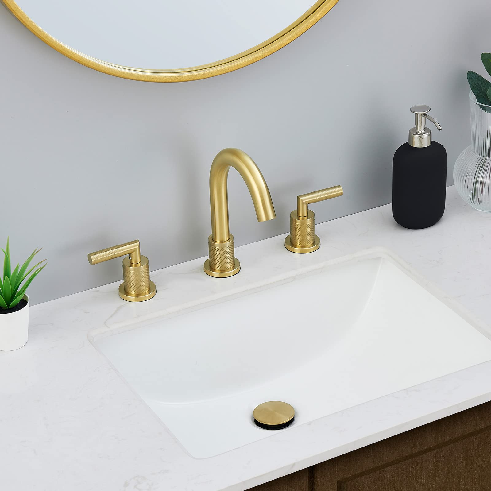 Gold Bathroom Faucet 2 Handle 8 Inch Bathroom Sink Faucets Stainless Steel 3 Hole Widespread With Pop Up Drain And Water Supply Hoses, Brushed Gold Brushed Gold Metal