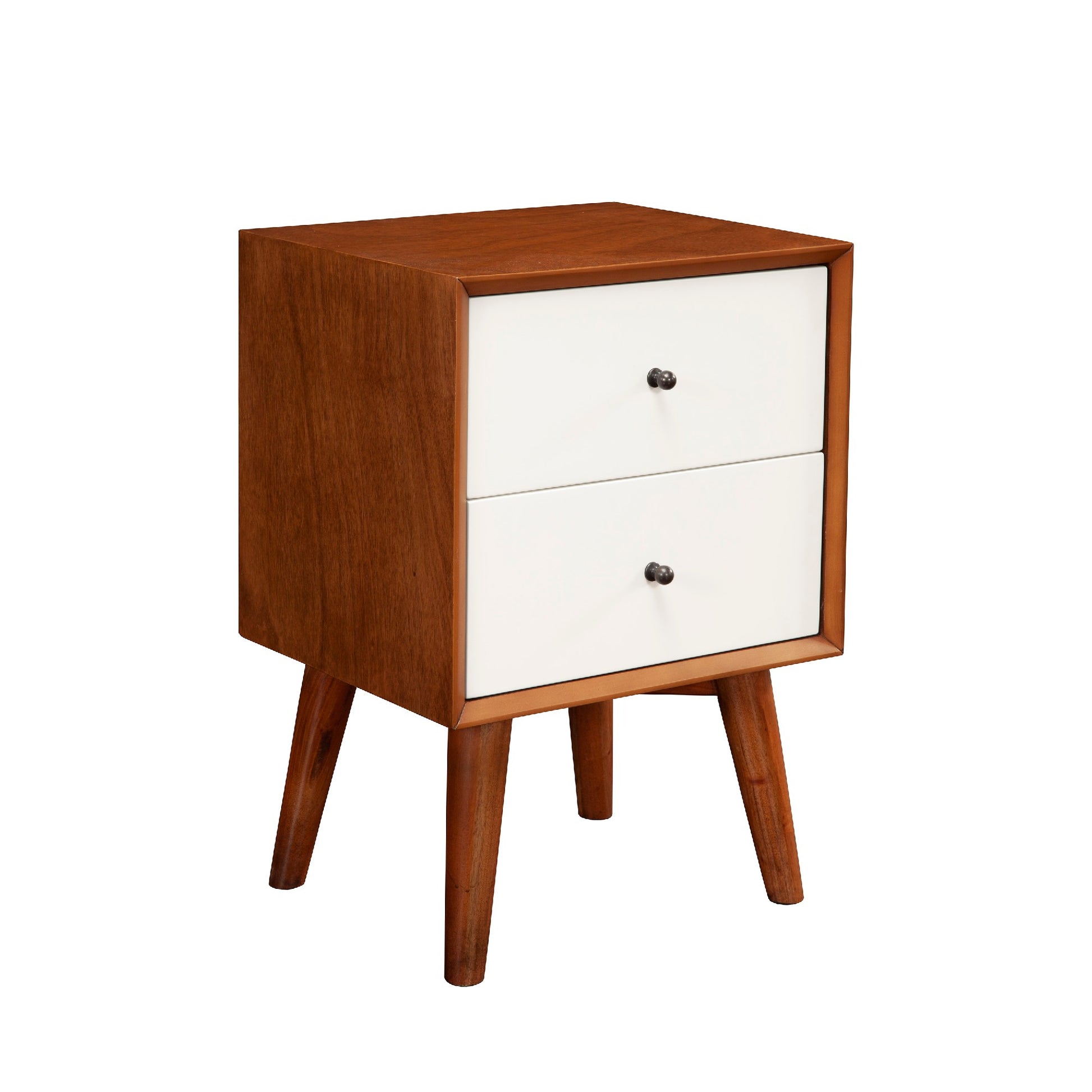 Stylish Wooden Nightstand With Two Drawers And Flared Legs, Brown And White Brown White Solid Wood