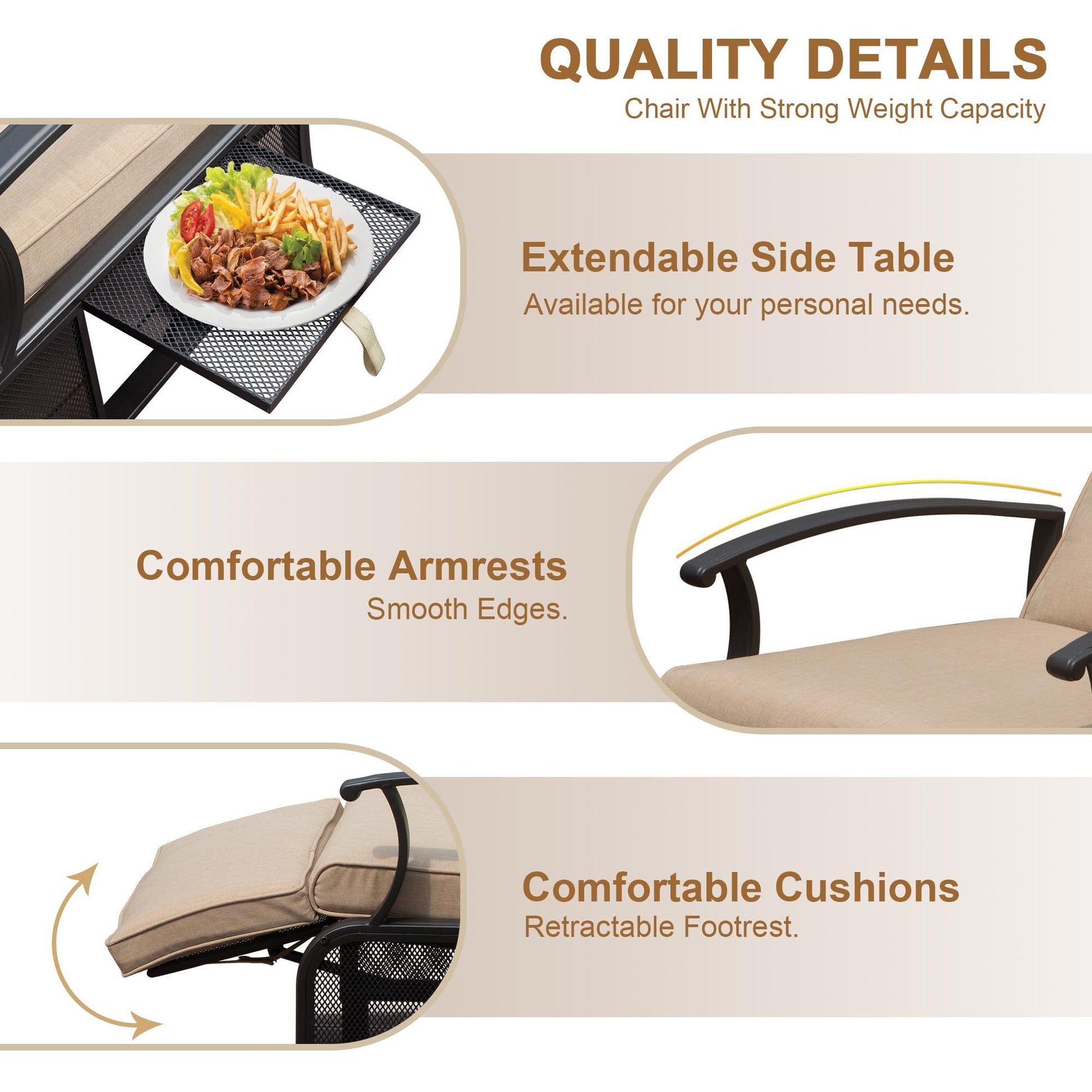 Adjustable Patio Recliner Chair Metal Outdoor Lounge Chair With Flip Table Push Back, Adjustable Angle, 6.8'' Removable Cushions, Support 350Lbs, Beige Yes Beige Garden & Outdoor Metal