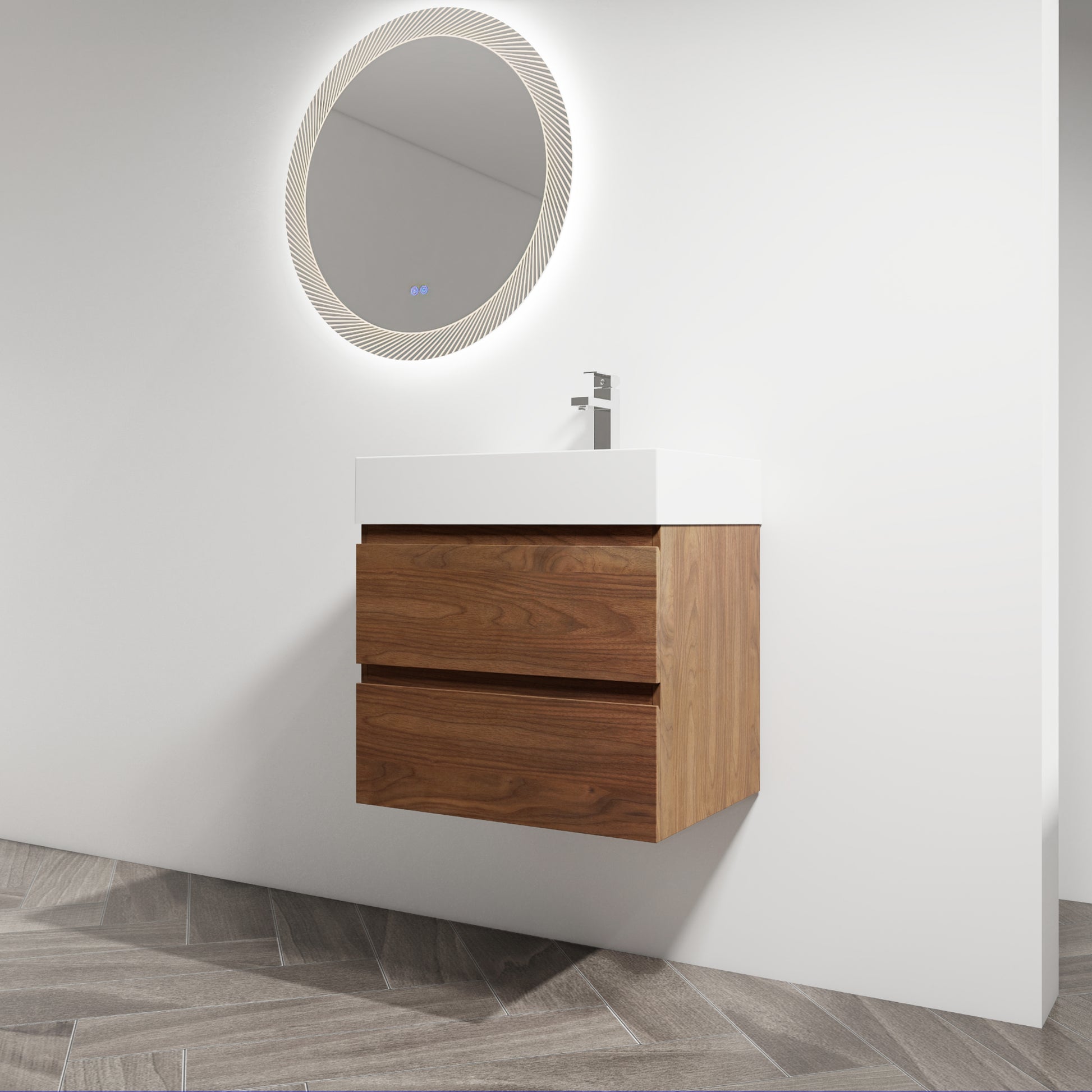 24" Wall Mounted Bathroom Vanity With Resin Sink, 2 Soft Close Drawers, Kd Package 2 Brown Oak Bathroom Wall Mounted Modern Plywood