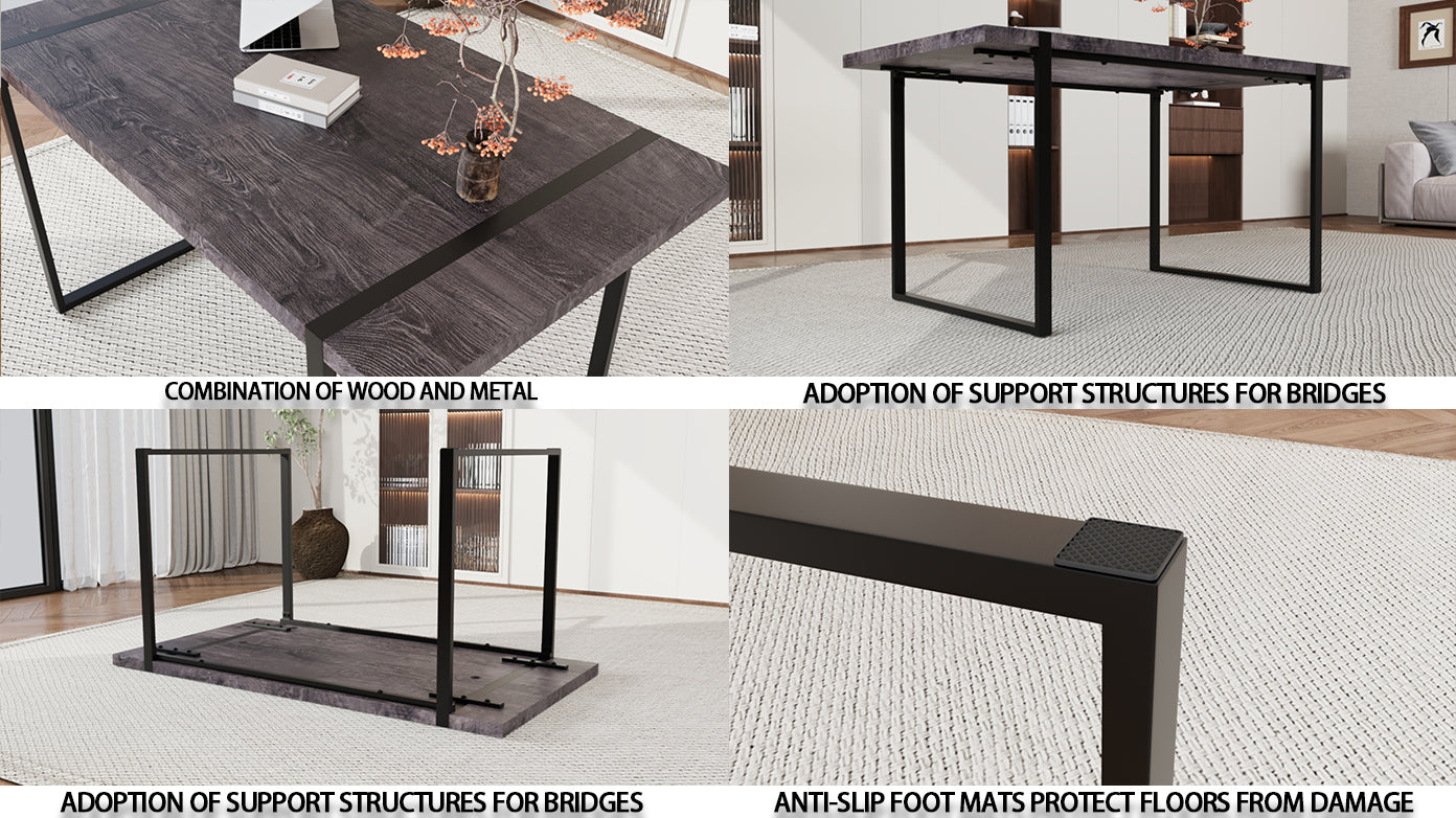 59 "Rural Industrial Rectangular Mdf Black Dining Table Set And Pu Armless Dining Chair Set, 6 Pieces. Kitchen Black Metal Table Leg Dining Chair Set Black Gray Mdf