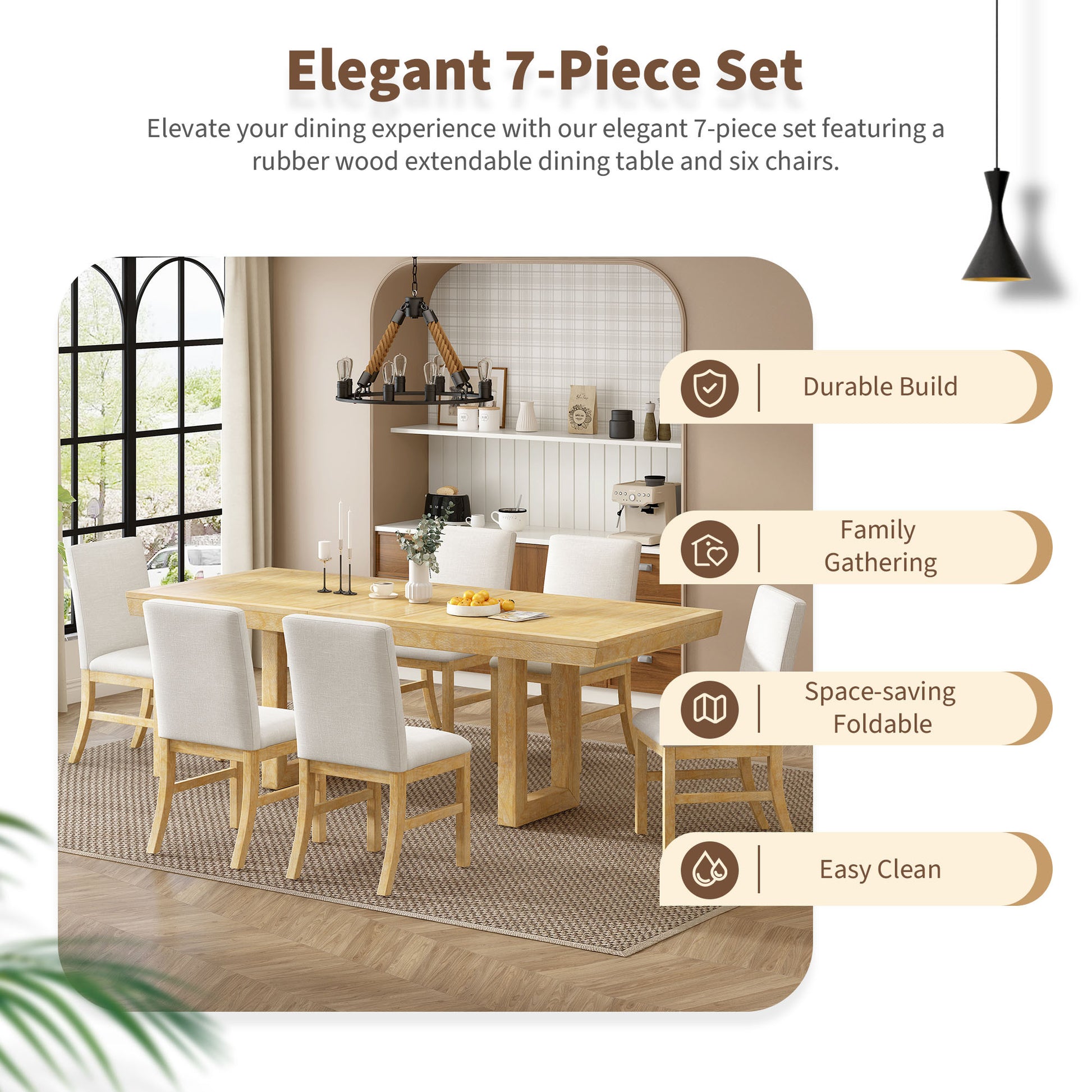 Traditional 7 Piece 72" Extendable Dining Table Set With 12Inch Butterfly Leaf And 6 Upholstered Dining Table Set, Natural Wood Dining Room Distressed Finish Rubberwood Rectangular Dining Table With Chair Wood Wood Natural Seats 6 72 Inches Butterfly