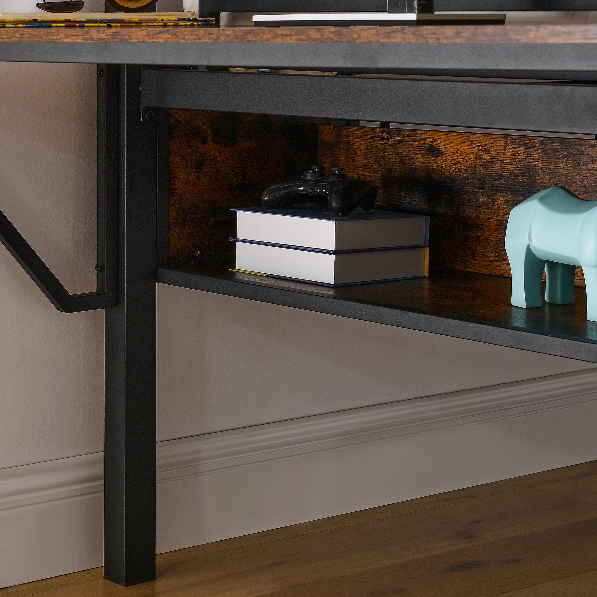 Single Metal Loft Bed With Rectangular Desk, Led Lights, Led Loft Bed Frame Double Bed With Storage Shelves And Hanging Storage Compartments, Safety Guard And Ladder, No Box Springs Required, Rattan G Full Black Brown Mdf Iron