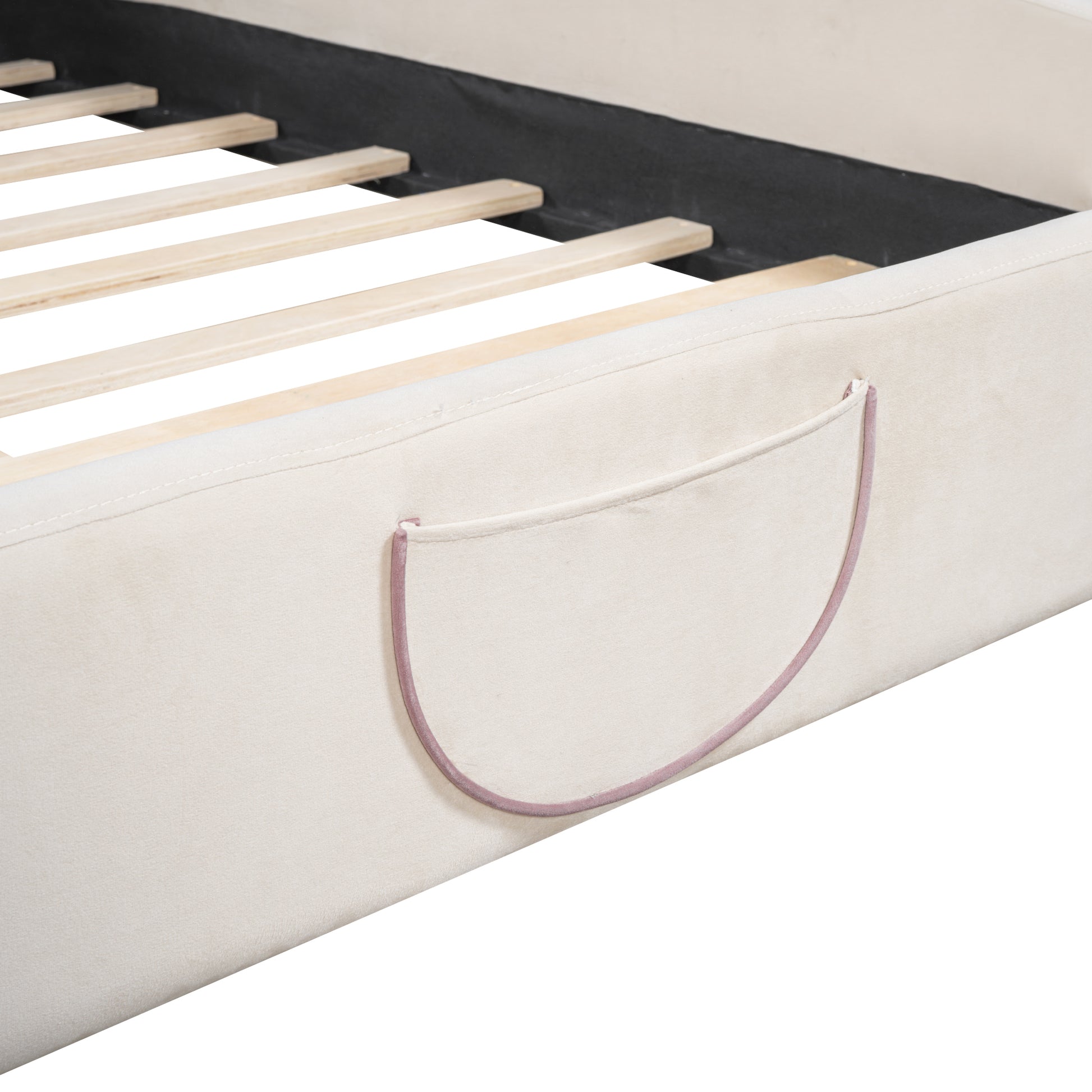 Queen Size Velvet Platform Bed With Bear Shaped Headboard, With Bed End Storage Pocket, Beige Queen Beige Plywood