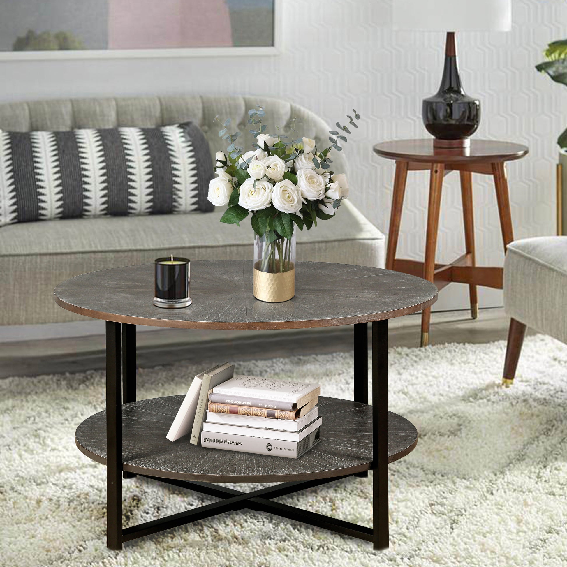 31.5"D X 31.5''W X 18.3''H Round Coffee Table With 2 Tier Storage, Farmhouse Living Room Cocktail Table With Black Metal Leg,Patchwork Desktop Effect Easy Assembly Antique Brown Antique Brown Brown Primary Living Space Antique Floor Mount Round Open