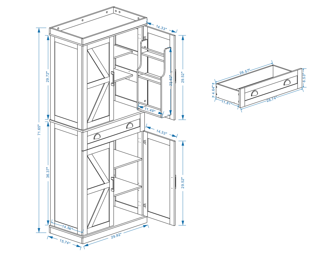 71" Kitchen Pantry Storage Cabinet With 4 Doors 2Doors With Racks ,1 Drawer, 2 Adjustable Shelves, Freestanding Cupboard For Kitchen, Dining Room And Living Room White White Mdf