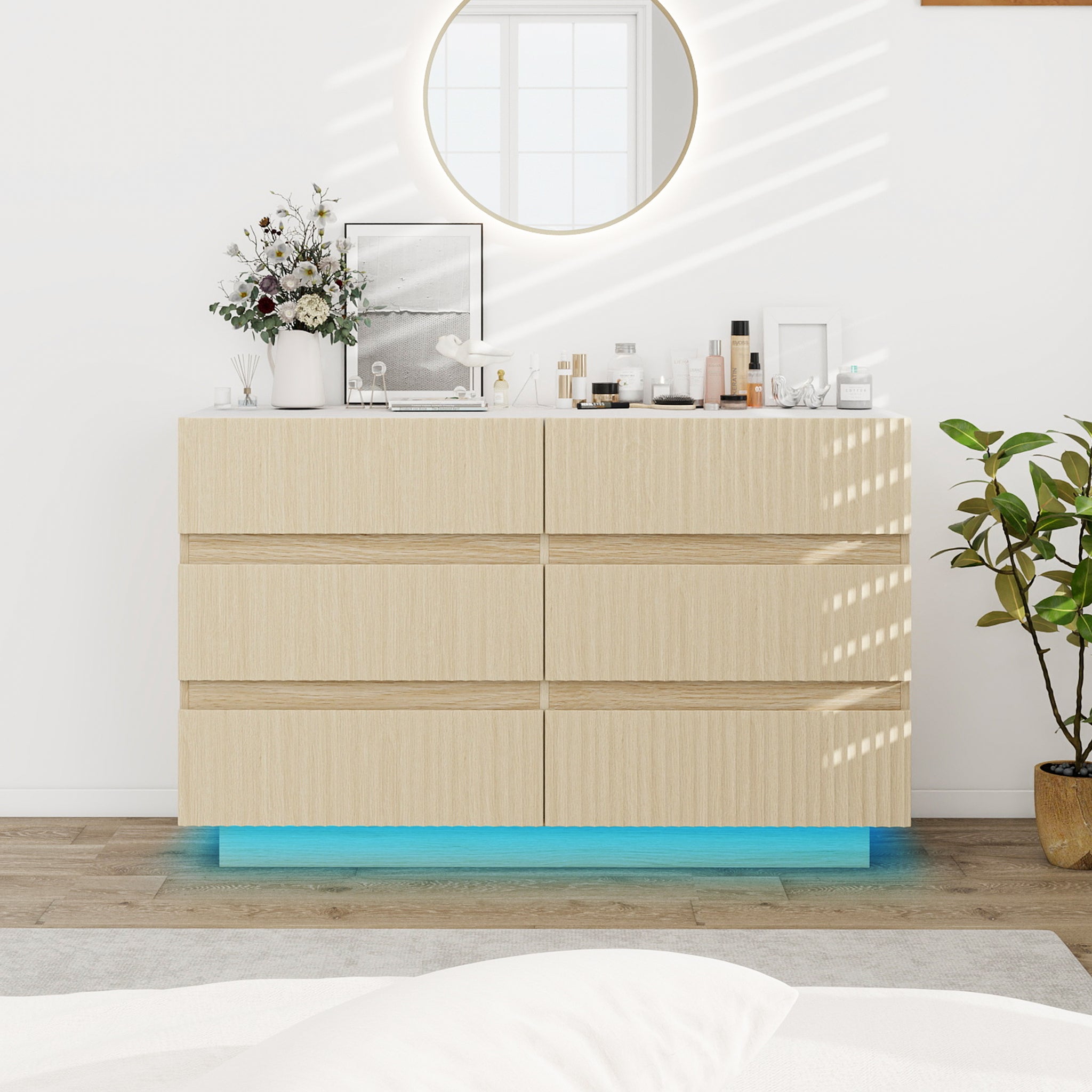 Fluted 6 Drawers Dresser ,Double Dresser Chest Of Drawers, 47.24" Modern Chest Of Drawers With Led ,Drawer Organizer For Bedroom, Living Room, Hallway Natural Primary Living Space Modern Particle