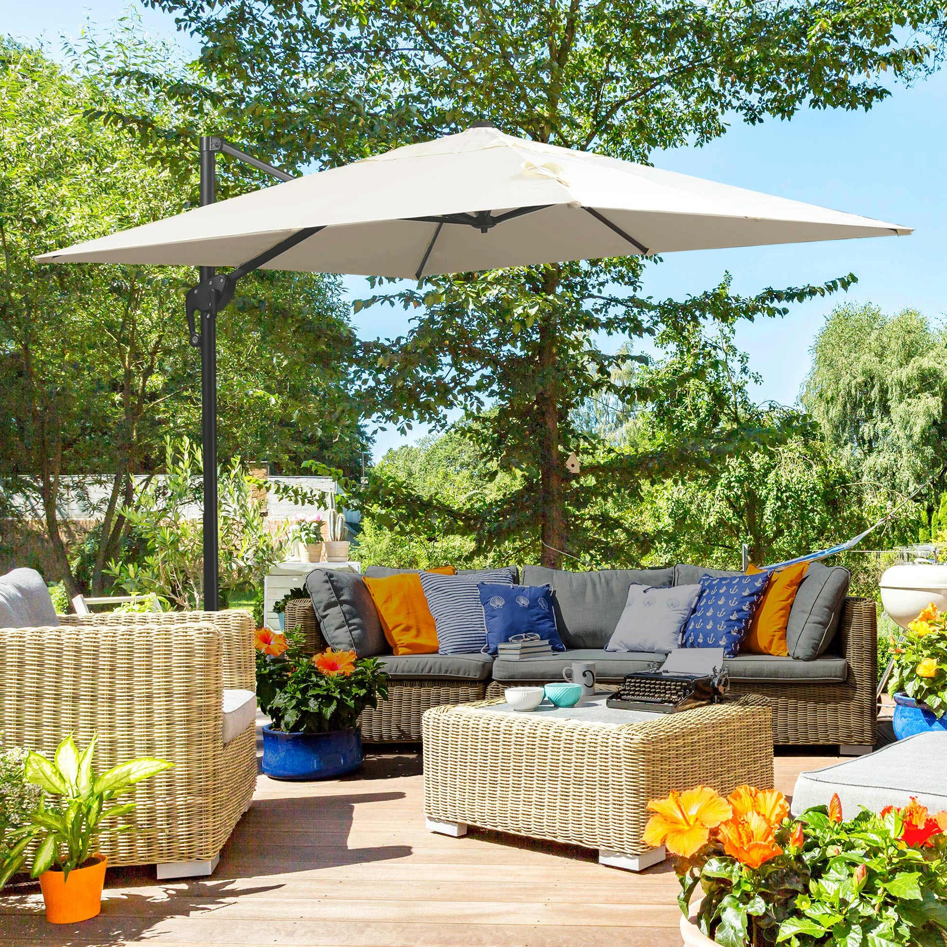 Outsunny 8Ft Cantilever Patio Umbrella, Square Outdoor Offset Umbrella With 360 Rotation, Aluminum Hanging Umbrella With 3 Position Tilt, Crank & Cross Base For Garden, Cream White Off White Steel